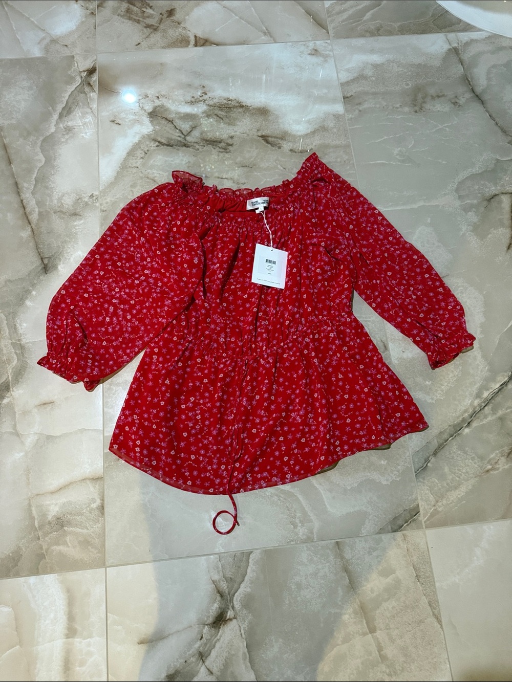 Diane Von Furstenberg Red Floral Peasant Top with Drawstring Hem
